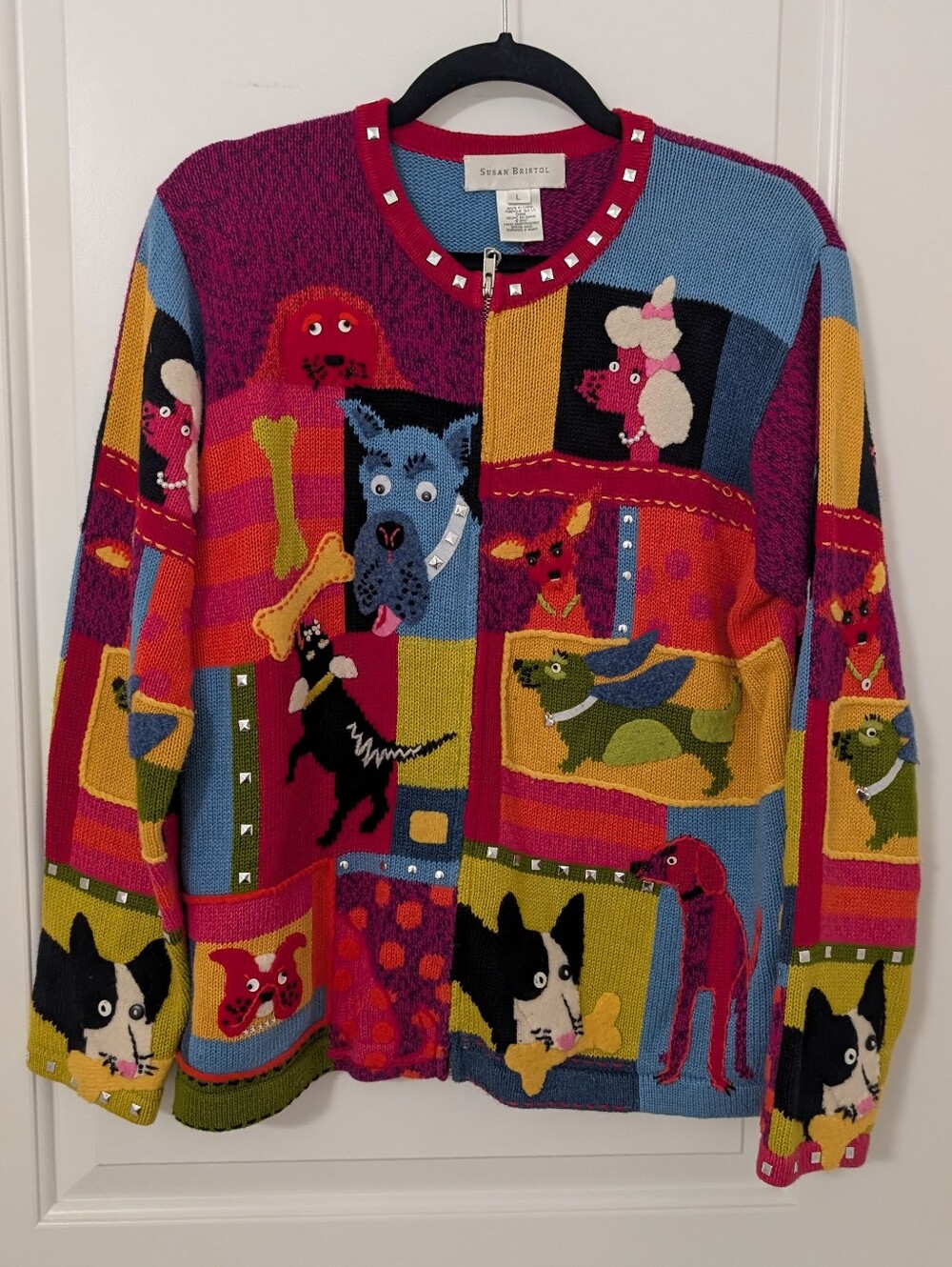 Susan Bristol Vintage 2002 Dog Patchwork Cardigan Sweater Large Y2K